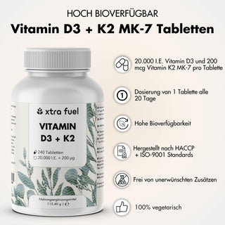 Vitamine D3 + K2 tabletten - 20.000 I.U. + 200mcg - 100% puur & hoog gedoseerd