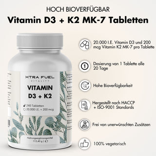 Vitamine D3/K2 tabletten MK7 all-trans - 20.000 IE + 200 μg - 240 tabletten per blikje