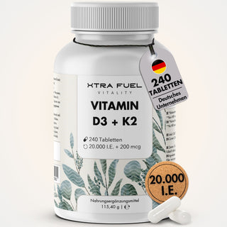 Vitamine D3/K2 tabletten MK7 all-trans - 20.000 IE + 200 μg - 240 tabletten per blikje