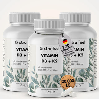 Vitamine D3/K2 tabletten MK7 all-trans - 20.000 IE + 200 μg - 240 tabletten per blikje