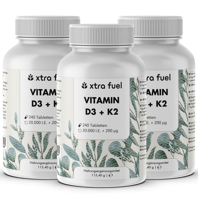 Vitamine D3 + K2 tabletten - 20.000 I.U. + 200mcg - 100% puur & hoog gedoseerd