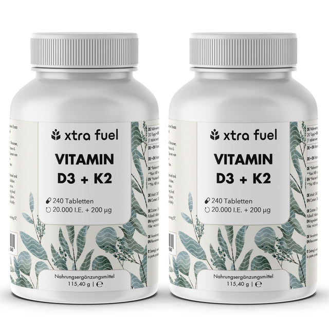 Vitamine D3 + K2 tabletten - 20.000 I.U. + 200mcg - 100% puur & hoog gedoseerd