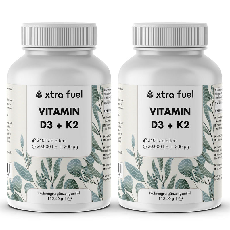 Vitamine D3 + K2 tabletten - 20.000 I.U. + 200mcg - 100% puur & hoog gedoseerd